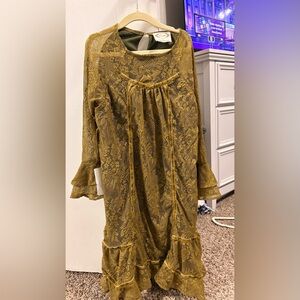 Joyfolie Mustard Lace Long Sleeve Midi Dress